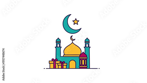 Mosque with Crescent Moon and Star Icon.