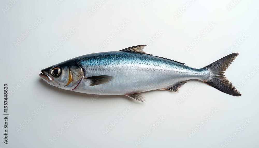 Obraz premium Single fresh sardine fish isolated on white background. Seafood ingredient for healthy meal preparation. Raw fish with silver scales, fins and tail.