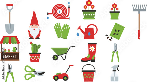 Gardening Tools and Garden Elements Icon Set with Shovel, Watering Can, Gloves, Plants and Wheelbarrow Vector Collection