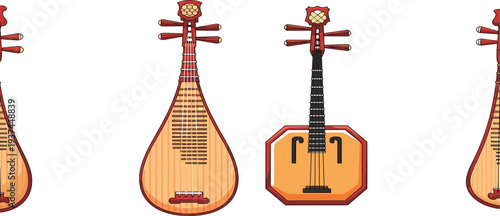 Traditional Chinese Pipa Musical Instrument Illustration with Front and Back View Classic Asian String Music Vector Artwork