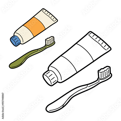 toothbrush and toothpaste in outline and coloured versions. Flat vector illustration of bathroom dispenser for shampoo, conditioner or handwash, isolated on light background.