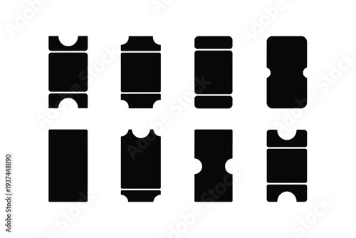 Black ticket stub icons collection, various shapes and sizes, isolated on white background