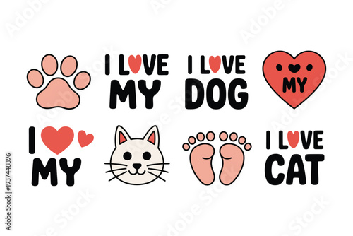 A collection of cute, hand-drawn icons and text celebrating the love for pets, featuring a paw print, dog, cat, and heart symbols.