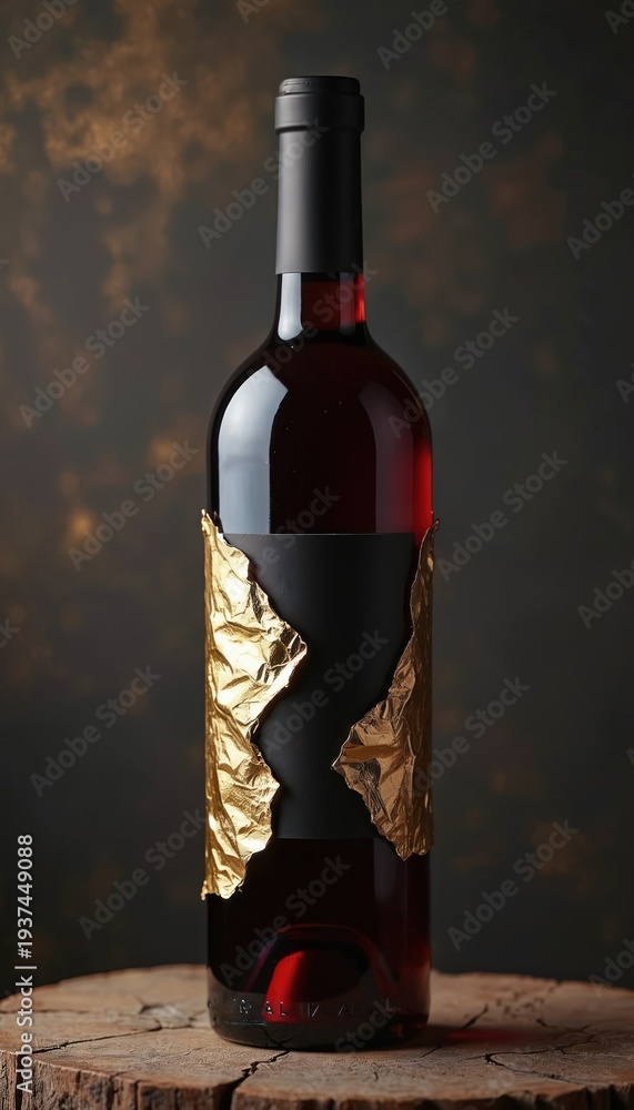 Fototapeta premium Luxury red wine bottle with black label, torn gold foil accent. Dark background, rustic wood base. Ideal for winery branding, upscale promotions, celebratory occasions, gourmet food articles,