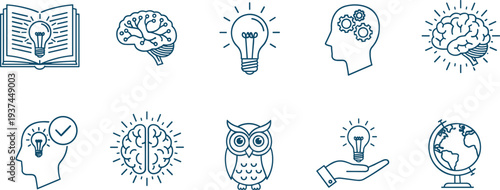 Education and Creative Thinking Icon Set with Brain, Light Bulb, Knowledge Book, Owl and Innovation Symbols Vector Collection