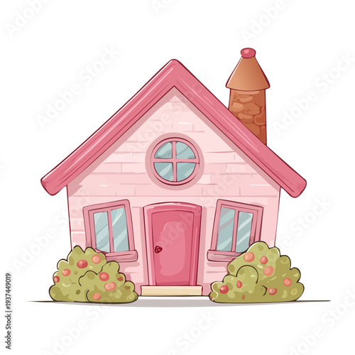 Illustration of a charming pink residential home with detailed windows and door for suburban living themes and architectural digital graphic design sets