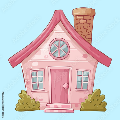 Illustration of a modern pink suburban house with green bushes and decorative chimney for family oriented web interface and property search apps