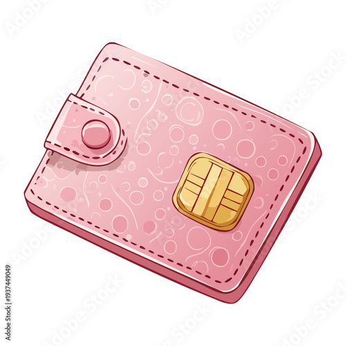 Illustration of a pink leather wallet with a gold chip card inside for financial management apps and e-commerce payment system interface design