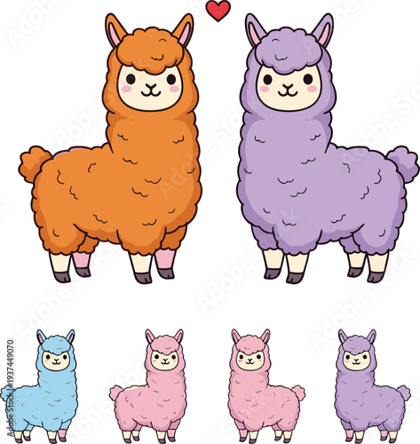 Cute Alpaca Cartoon Illustration Set with Colorful Llama Characters and Baby Alpacas Adorable Animal Vector Collection