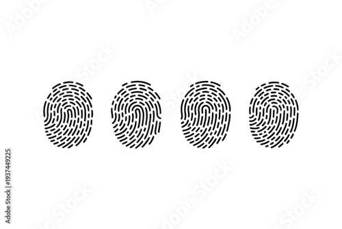 Four black fingerprints in a row on white background, identification marks