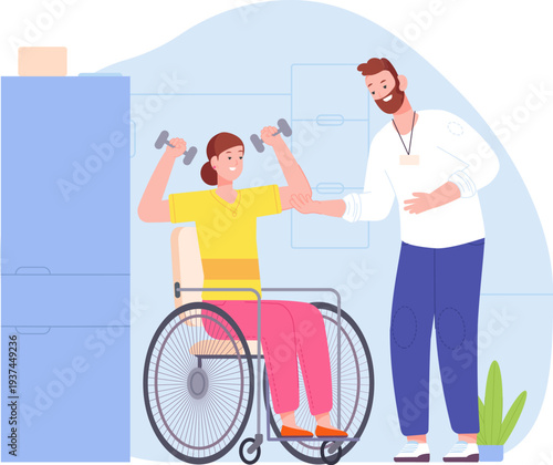 Fitness exercise for disabled character. Wheelchair woman training
