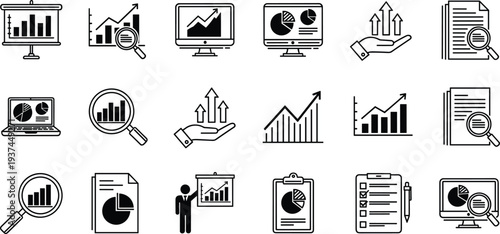 Business Analytics and Data Analysis Icon Set with Charts, Graphs, Reports and Financial Growth Symbols Vector Collection
