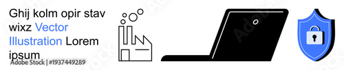 Cybersecurity, data privacy, technology industry, online safety, digital authentication, secure systems. A laptop, shield with lock and industry icon. Cybersecurity and data privacy concept