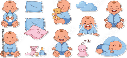 Adorable Baby Illustrations Crying, Laughing, Sleeping Babies with Pillows, Teddy Bear, and Toys