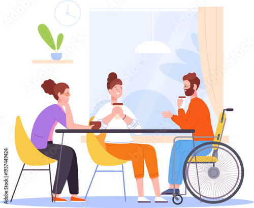 Diverse friends talk together. Wheelchair man at cafe table