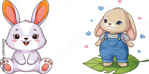 Adorable Cartoon Bunnies Cute White Rabbit and Bunny in Overalls with Hearts