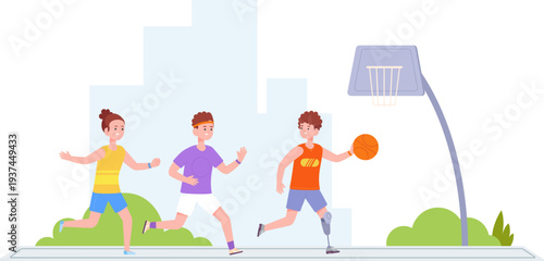 Diverse kids play basketball outdoor city scene