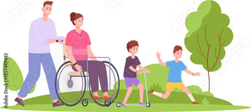 Disabled woman walking with family. Mother in wheelchair cartoon character