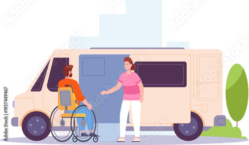 Disabled life difficulties. Accessible transport for man in wheelchair