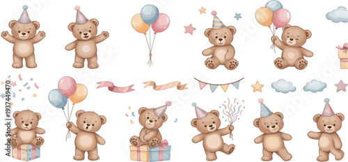 Adorable Party Bears Cute Brown Bears with Balloons, Gifts, and Party Decorations