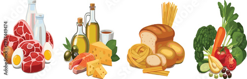 Balanced Diet Food Groups Vector Illustration with Protein Dairy Grains Vegetables and Healthy Nutrition Ingredients Collection