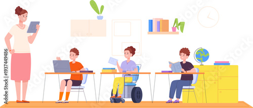 Diverse students in classroom. Kids school color scene