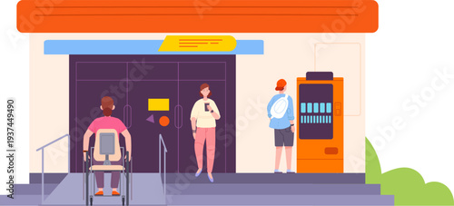 Man in wheelchair moving into building. Disabled person life