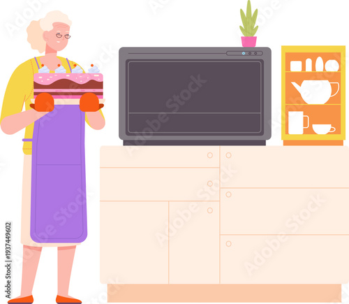 Old woman bake cake. Happy senior cooking