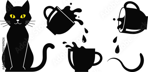 Black Cat Silhouette Set Featuring Sitting Feline with Yellow Eyes and Spilling Coffee Mugs for Cafe Decor and Animal Lover Design.