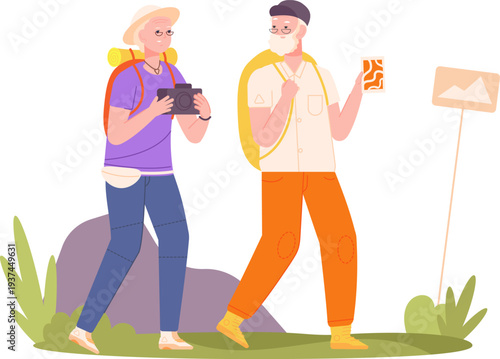 Senior travelers. Happy old couple walk together