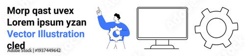 Man pointing upward while holding a gear, next to a computer monitor and text placeholders. Ideal for technology, teamwork, innovation, productivity, workflow, business decision-making, simple