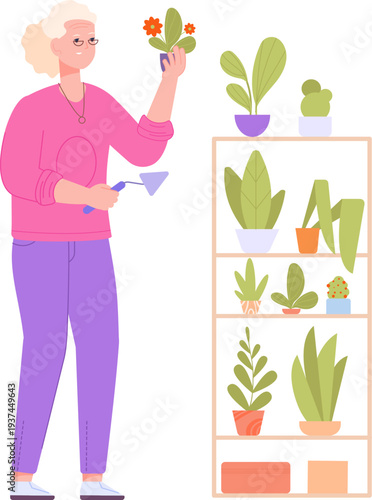 Home garden care concept. Old woman planting flowers