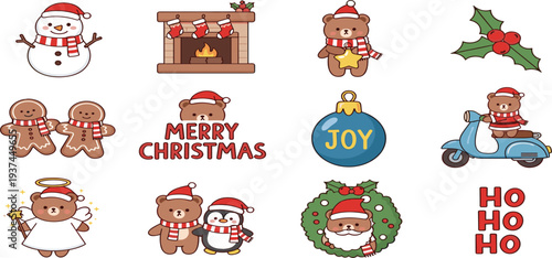 Cartoon Christmas Illustrations Featuring Bears, Snowman, Wreath, Gingerbread Cookies, and Holiday Decor