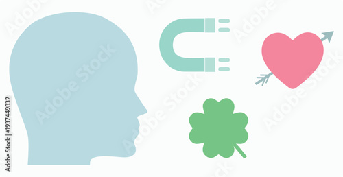 Human, love, mind, passion, clover, positive, heart, thought, luck, law of attraction, Cupid. Mentality, creation, blessing, strength, well-being, consciousness, magnetism, abundance. Set, icon