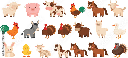 Cartoon Style Farm Animals Including Sheep, Pigs, Cows, Roosters, Horses, Goats, and More
