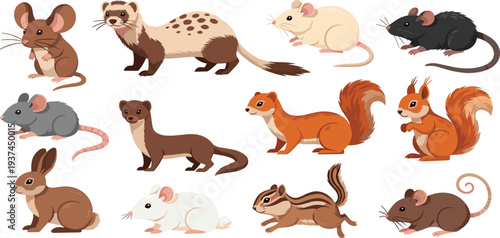 Cartoon Style Small Animals Including Mice, Ferrets, Squirrels, Rabbits, and Chipmunks in Playful Poses
