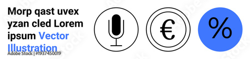 Communication, finance, exchange rates, audio recording, economic analysis, interest rates. A microphone, Euro currency symbol and percentage sign in minimalist design. Communication and finance