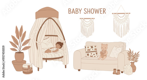 Cozy boho baby shower scene with toddler in canopy bed and teddy bear on sofa, perfect for nursery and baby celebration design