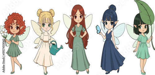 Charming Vector Fairy Characters Cute Fairies with Wings in Various Poses and Dresses