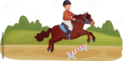 Kid riding pony. Outdoor boy activity scene