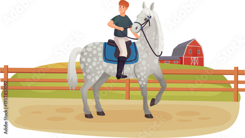 Horse ranch scene. Kid ride white stallion