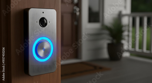 Advanced smart home video doorbell with glowing blue ring button mounted on a wooden door frame, enhancing modern residential security and convenience at a house entrance