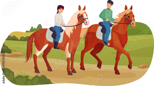 Kids ride horses. Rural nature cartoon scene