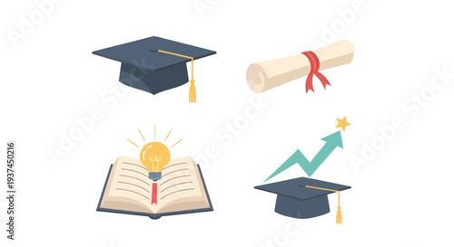 Education and achievement icons including graduation cap, diploma, book with light bulb, and growth chart with star for learning and success concepts