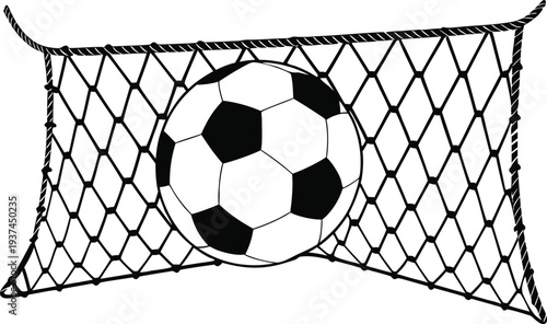 Soccer ball in goal net black and white illustration