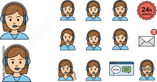 Customer Support Operator Icons Set Call Center Agent with Headset Vector Illustration