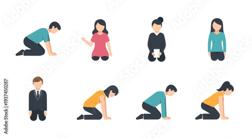 Flat style illustration of diverse people kneeling and sitting on knees in various poses, business and casual styles, useful for presentations and educational content