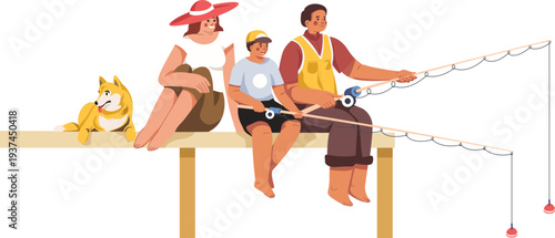 Family fishing scene. Happy parents and kid with rods