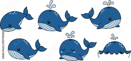 Cute baby whale cartoon set with smiling sleeping and splashing poses adorable blue ocean character vector illustration collection