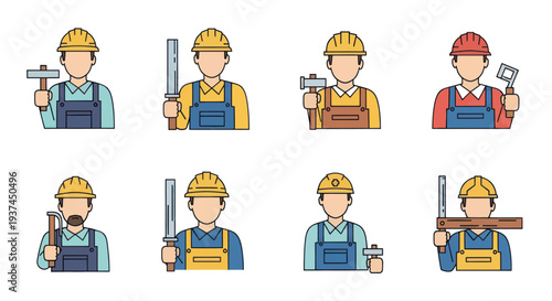 Set of construction worker icons holding various tools wearing helmets and overalls for engineering and building projects